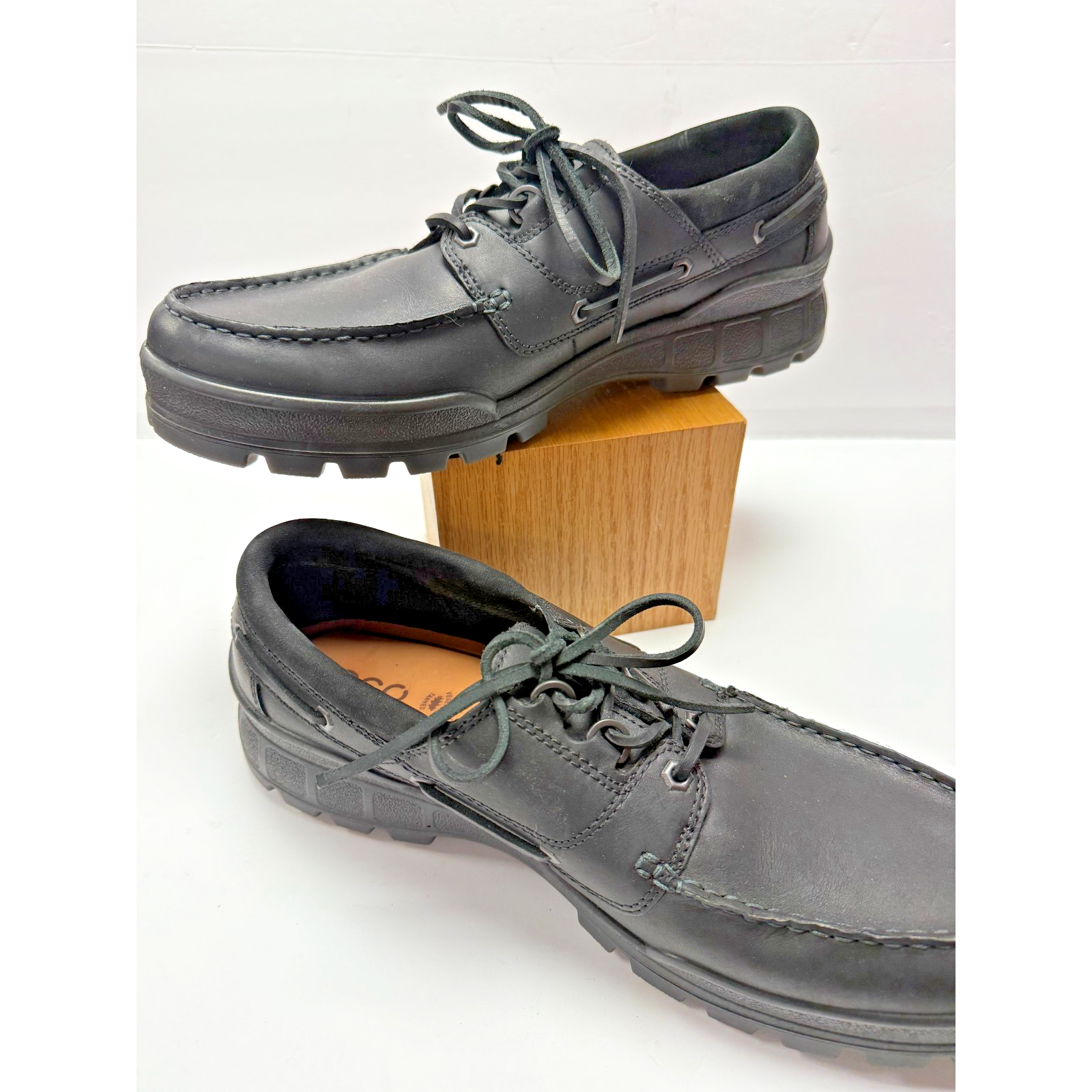 Ecco Track Black Leather Walking Shoes Lug Sole Comfort Casual Eu 49 Us 15